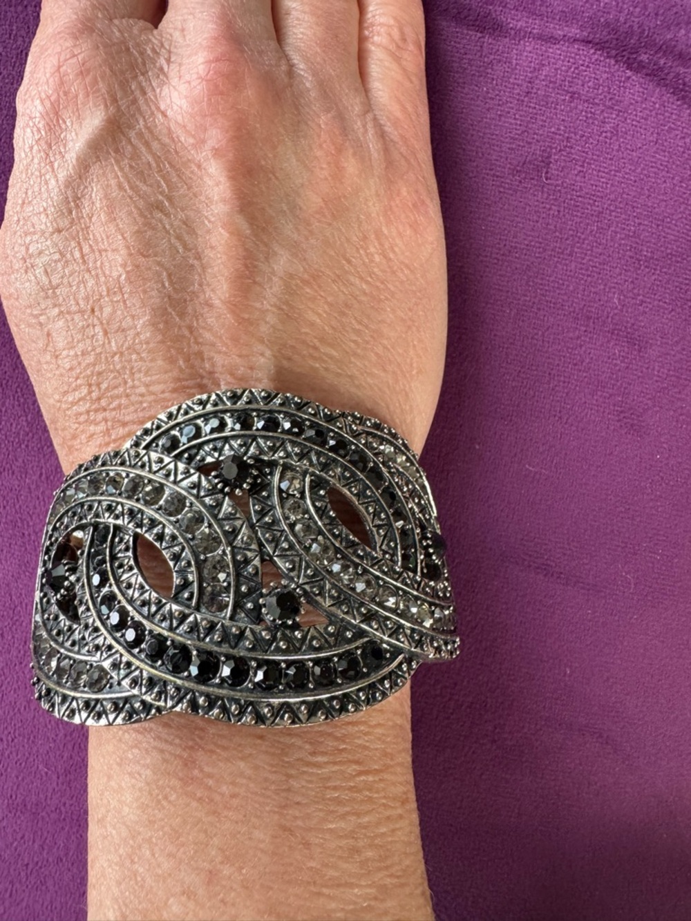 Intricate Black & Silver Crystal Cuff Bracelet – Women’s Statement Jewelry